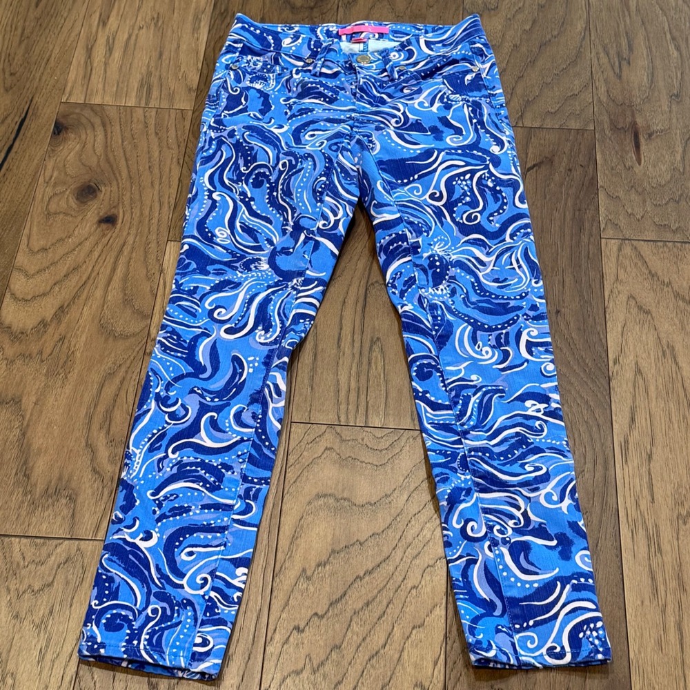 Lilly Pulitzer Worth Skinny Jeans In A Twist Blue Swirl Print Size 00 Stretch